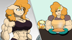Size: 2586x1425 | Tagged: safe, artist:matchstickman, imported from derpibooru, applejack, pear butter, anthro, earth pony, abs, apron, baking, biceps, breasts, busty pear butter, clothes, deltoids, duo, female, filly, filly applejack, food, mare, matchstickman's pear buffer series, mother and child, mother and daughter, muscles, muscular female, pear buffer, pecs, pie, simple background, sweat, triceps, weight lifting, weights, younger