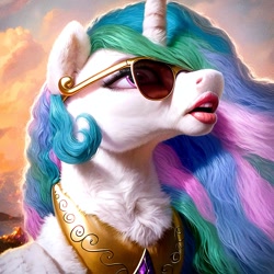 Size: 2048x2048 | Tagged: safe, edit, generator:ponydiffusion, imported from derpibooru, princess celestia, alicorn, ai content, ai generated, big lips, chest fluff, ear fluff, g4, generator:stable diffusion, high res, prompter:enterusxrname, realistic, side view, solo, sunglasses