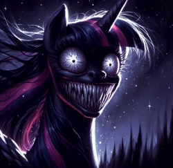 Size: 1024x994 | Tagged: safe, twilight sparkle, pony, crazy eyes, crazy face, evil grin, faic, generator:bing image creator, generator:dall-e 3, grin, night, nightmare fuel, outdoors, prompter:enterusxrname, sharp teeth, smiling, solo, teeth, twilight snapple