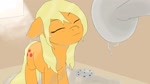 Size: 1574x886 | Tagged: safe, artist:appulman, applejack, earth pony, pony, eyes closed, female, mare, shower, smiling, solo, water, wet