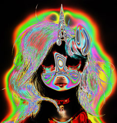 Size: 555x584 | Tagged: safe, artist:jcharlesmachiavelli, imported from derpibooru, pony, unicorn, choker, female, glasses, horn, mare, psychedelic, solo