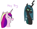 Size: 703x556 | Tagged: safe, artist:jargon scott, imported from derpibooru, princess cadance, queen chrysalis, alicorn, changeling, changeling queen, pony, bust, dialogue, duo, duo female, female, horn, looking at each other, looking at someone, mare