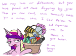 Size: 724x535 | Tagged: safe, artist:jargon scott, imported from derpibooru, princess cadance, alicorn, pony, apple, basket, bouquet, box of chocolates, dialogue, female, flower, food, gift basket, hoof hold, horn, implied queen chrysalis, lidded eyes, mare, solo, unamused, wings