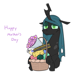 Size: 722x733 | Tagged: safe, artist:jargon scott, imported from derpibooru, queen chrysalis, changeling, changeling queen, basket, bouquet of flowers, bust, cheese, female, flower, food, gift basket, hoof hold, horn, lidded eyes, mother's day, simple background, solo, text, white background