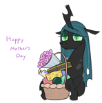 Size: 722x733 | Tagged: safe, artist:jargon scott, imported from derpibooru, queen chrysalis, changeling, changeling queen, basket, bouquet of flowers, bust, cheese, female, flower, food, gift basket, hoof hold, horn, lidded eyes, mother's day, simple background, solo, text, white background