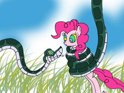 Size: 900x682 | Tagged: safe, artist:lol20, imported from derpibooru, pinkie pie, earth pony, pony, snake, coils, dialogue in the description, duo, female, grass, hypno eyes, hypno pie, hypnosis, hypnotized, kaa, kaa eyes, looking at each other, looking at someone, male, mare, smiling, story included, wrapped snugly, wrapped up