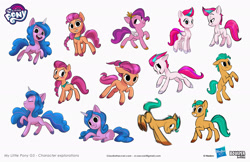 Size: 1920x1243 | Tagged: safe, artist:claudio naccari, imported from derpibooru, hitch trailblazer, izzy moonbow, pipp petals, sunny starscout, zipp storm, earth pony, pegasus, pony, unicorn, concept art, female, g5, horn, male, mane five, mare, open mouth, simple background, smiling, stallion