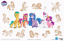 Size: 1920x1243 | Tagged: safe, artist:claudio naccari, imported from derpibooru, hitch trailblazer, izzy moonbow, pipp petals, sunny starscout, zipp storm, earth pony, pegasus, pony, unicorn, concept art, female, g5, horn, male, mane five, mare, open mouth, pipp is short, royal sisters (g5), siblings, simple background, sisters, smiling, stallion