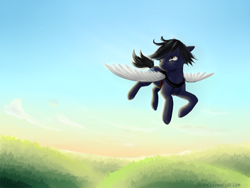 Size: 1600x1200 | Tagged: safe, artist:kaermter, imported from derpibooru, oc, oc only, earth pony, pony, artificial wings, augmented, flying, male, scar, solo, stallion, wings