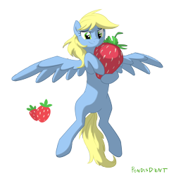 Size: 2500x2500 | Tagged: safe, artist:kaermter, imported from derpibooru, oc, oc only, pegasus, pony, female, flying, food, mare, simple background, strawberry, transparent background