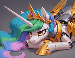 Size: 2048x1600 | Tagged: safe, imported from derpibooru, princess celestia, oc, oc:celestai, alicorn, cyborg, pony, robot, robot pony, fanfic:friendship is optimal, ai content, ai generated, anonymous prompter, bored, generator:pony diffusion v6 xl, generator:stable diffusion, gray background, lying, simple background, yellow eyes