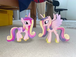 Size: 4032x3024 | Tagged: safe, imported from derpibooru, princess cadance, alicorn, pony, 3d, 3d model, augmented reality, chair, desk, duality, figure, figurine, floor, funko, gameloft, irl, looking at each other, looking at someone, my little pony: magic princess, photo, self paradox, toy