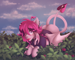 Size: 2708x2160 | Tagged: safe, artist:n3tt0l, imported from derpibooru, oc, oc only, bat pony, pony, blushing, bush, choker, closed mouth, clothes, cloud, ear piercing, earring, jewelry, piercing, raspberry, request, requested art, shiny eyes, shiny mane, sky, solo, striped mane, tongue out, wings, wings down