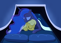 Size: 1191x846 | Tagged: safe, artist:truthormare, princess luna, oc, oc:lurky lone, alicorn, earth pony, pony, bed, blanket, cuddling, duo, ethereal mane, eyes closed, female, gradient background, horn, hug, luna's bed, mare, missing accessory, pillow, simple background, sleeping, starry mane