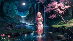 Size: 3840x2160 | Tagged: safe, imported from derpibooru, fluttershy, human, equestria girls, ai assisted, ai content, ai generated, cherry blossoms, cherry tree, chinese dress, clothes, dress, flower, flower blossom, generator:autismmix confetti, generator:stable diffusion, high res, looking at you, moon, night, prompter:truekry, river, scenery, smiling, smiling at you, tree, water, waterfall