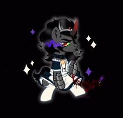 Size: 1664x1600 | Tagged: source needed, safe, artist:肆万, imported from derpibooru, king sombra, pony, unicorn, apron, black background, clothes, collar, crossdressing, hoof shoes, horn, maid, male, simple background, socks, solo, stallion, stockings, thigh highs, unamused