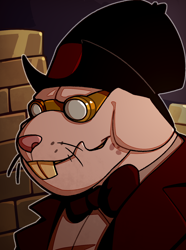 Size: 1040x1400 | Tagged: safe, artist:bunnyshrubby, imported from derpibooru, verko, naked mole rat, equestria at war mod, bowtie, bust, clothes, goggles, gold, hat, jacket, portrait, solo, top hat