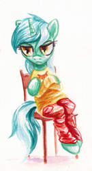 Size: 691x1278 | Tagged: safe, artist:kaermter, imported from derpibooru, lyra heartstrings, pony, unicorn, clothes, crossed hooves, female, horn, mare, meme, pants, simple background, sitting, sitting lyra, solo, sweater, traditional art, watercolor painting, white background