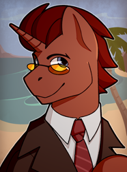 Size: 1040x1400 | Tagged: safe, artist:bunnyshrubby, imported from derpibooru, oc, oc only, oc:ponse cocktail, pony, unicorn, equestria at war mod, bust, clothes, glasses, horn, jacket, necktie, ocean, palm tree, portrait, solo, tree, water