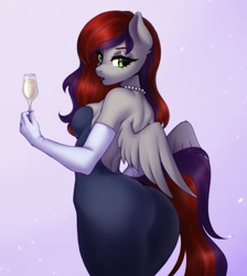 Size: 2685x3000 | Tagged: safe, artist:yutakira92, oc, oc only, anthro, alcohol, clothes, dress, gloves, looking back, rear view, wine