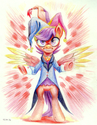 Size: 1123x1441 | Tagged: safe, artist:kaermter, imported from derpibooru, scootaloo, pegasus, pony, bipedal, choker, colored wings, hat, jester hat, solo, spread wings, tailcoat, wings