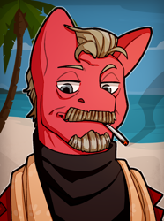 Size: 1040x1400 | Tagged: safe, artist:bunnyshrubby, imported from derpibooru, oc, oc only, oc:coffee bean, earth pony, pony, equestria at war mod, beard, bust, cigarette, clothes, facial hair, moustache, ocean, palm tree, portrait, smoke, solo, tree, water