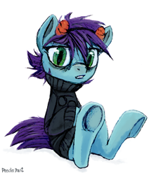 Size: 1228x1446 | Tagged: safe, artist:safe, imported from derpibooru, oc, oc only, pony, clothes, female, homestuck, horns, mare, simple background, sitting, solo, sweater, white background