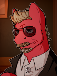 Size: 1040x1400 | Tagged: safe, artist:bunnyshrubby, imported from derpibooru, oc, oc only, oc:coffee bean, equestria at war mod, beard, bust, clothes, facial hair, glasses, jacket, moustache, portrait, solo, sunglasses