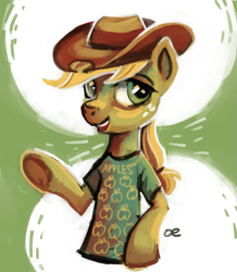 Size: 1153x1323 | Tagged: safe, artist:kaermter, imported from derpibooru, applejack, earth pony, semi-anthro, abstract background, applejack's hat, clothes, cowboy hat, female, hat, shirt, solo, t-shirt