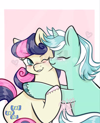 Size: 1661x2048 | Tagged: safe, artist:beenutsartpile, imported from derpibooru, bon bon, lyra heartstrings, sweetie drops, earth pony, pony, unicorn, abstract background, blushing, cheek kiss, colored hooves, duo, female, heart, horn, hug, kissing, lesbian, lyrabon, passepartout, shipping, smiling, unshorn fetlocks