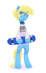 Size: 802x1263 | Tagged: safe, artist:kaermter, imported from derpibooru, oc, oc only, earth pony, pony, bipedal, choker, clothes, ear piercing, earring, eyebrows, eyebrows visible through hair, jewelry, piercing, shirt, simple background, skateboard, solo, spiked choker, white background