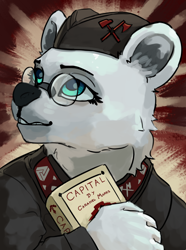 Size: 3120x4200 | Tagged: safe, artist:neither, imported from derpibooru, oc, oc only, oc:chairbear snowbear, bear, polar bear, equestria at war mod, book, bust, clothes, communism, das kapital, glasses, hammer, hat, no pony, portrait, solo