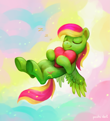 Size: 1509x1658 | Tagged: safe, artist:kaermter, imported from derpibooru, oc, oc only, pegasus, pony, abstract background, commission, floating, heart, onomatopoeia, sleeping, solo, sound effects, zzz