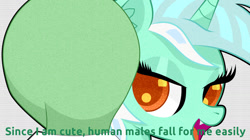 Size: 1280x716 | Tagged: safe, artist:scandianon, imported from derpibooru, lyra heartstrings, oc, oc:anon, human, pony, unicorn, bedroom eyes, fangs, female, horn, human male, lidded eyes, looking sideways, male, mare, meme, open mouth, talking