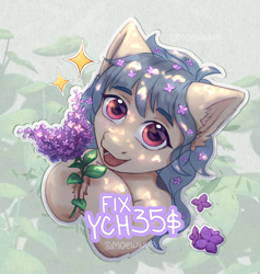 Size: 1900x2000 | Tagged: safe, artist:moewwur, artist:rin-mandarin, imported from derpibooru, pony, blue mane, bust, commission, flower, flower in hair, fluffy, light skin, lights, lilac, lilac bush, looking at you, purple eyes, solo, sparkles, your character here