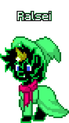 Size: 176x312 | Tagged: safe, artist:salty air, imported from derpibooru, pony, unicorn, pony town, spoiler:deltarune, black coat, black mane, blue eyes, clothes, cute, cute little fangs, deltarune, fangs, glowing, glowing horn, horn, magic, magic aura, ponified, ralsei, robe, scarf, trotting, yellow magic
