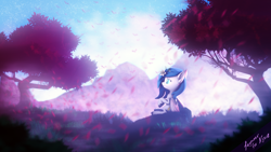 Size: 3840x2160 | Tagged: safe, imported from derpibooru, oc, oc:nyxie, bat pony, pony, 3d, blurry background, falling leaves, female, flower, flower in hair, high res, inspired by another artist, leaves, looking up, mountain, sitting, solo, solo female, source filmmaker, tree