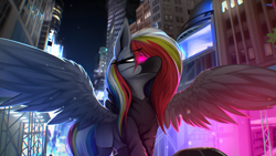 Size: 4000x2250 | Tagged: safe, artist:darky_wings, imported from derpibooru, neon lights, rising star, oc, oc only, oc:darky wings, pegasus, pony, building, city, clothes, female, glowing, glowing eyes, hoodie, mask, neon, new york, new york city, night, socks, spread wings, stockings, thigh highs, wings