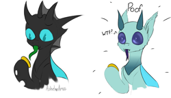 Size: 3575x2060 | Tagged: safe, artist:ashel_aras, imported from derpibooru, oc, oc only, changedling, changeling, changedling oc, changeling oc, food, green tongue, horn, lemon, lemon meme, meme, sketch, solo, text