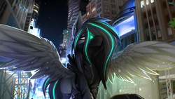 Size: 4000x2250 | Tagged: safe, artist:darky_wings, imported from derpibooru, neon lights, rising star, oc, oc only, oc:lumishade, pegasus, pony, building, city, clothes, female, glowing, glowing eyes, mask, neon, new york, new york city, night, piercing, socks, spread wings, stockings, thigh highs, wings