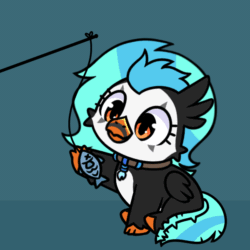 Size: 600x600 | Tagged: safe, artist:sugar morning, imported from derpibooru, oc, oc only, oc:icebeak, classical hippogriff, fish, hippogriff, animated, behaving like a cat, commission, cute, jewelry, necklace, ocbetes, simple background, sitting, stick, string, ych result