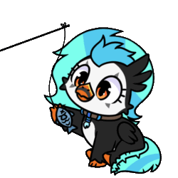 Size: 600x600 | Tagged: safe, artist:sugar morning, imported from derpibooru, oc, oc only, oc:icebeak, classical hippogriff, fish, hippogriff, animated, behaving like a cat, commission, cute, gif, ocbetes, simple background, stick, string, transparent background, ych result