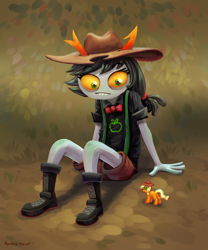 Size: 2448x2937 | Tagged: safe, artist:kaermter, imported from derpibooru, applejack, earth pony, pony, applejack's hat, boots, bowtie, clothes, cowboy hat, hat, homestuck, horns, shirt, shoes, shorts, sitting, solo, species swap, suspenders, t-shirt, toy, troll (homestuck), trollified
