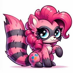Size: 1024x1024 | Tagged: safe, imported from derpibooru, pinkie pie, raccoon, :3, ai content, ai generated, generator:bing image creator, generator:copilot, generator:dall-e 3, looking at you, raccoonified, raised leg, simple background, solo, species swap, white background