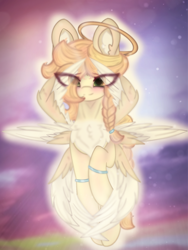 Size: 4096x5461 | Tagged: safe, artist:sodapop sprays, imported from derpibooru, oc, oc only, oc:sonata sprays, pony, seraph, angel, blushing, chest fluff, cloud, ear fluff, eye clipping through hair, freckles, glowing, hair tie, halo, happy, looking at you, multiple wings, solo, wings