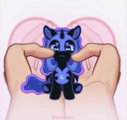 Size: 784x740 | Tagged: safe, artist:amitadust, artist:auroracursed, imported from derpibooru, nightmare moon, princess luna, alicorn, pony, animated, blushing, cute, gif, hand, happy, in goliath's palm, open mouth, size difference