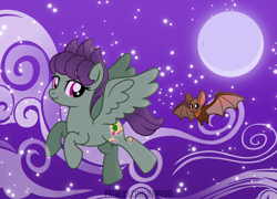 Size: 1200x864 | Tagged: safe, artist:jennieoo, imported from derpibooru, oc, oc:dust cloud, oc:pima, bat, pegasus, pony, bat wings, cloud, cloudy, commission, flying, moon, night, show accurate, starry night, vector, wings
