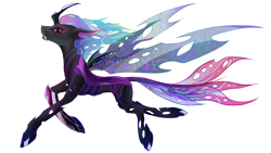Size: 5430x3054 | Tagged: safe, artist:arisu-kun, imported from derpibooru, oc, oc only, oc:ariska, changeling, colored pupils, colored wings, curved horn, digital art, ethereal mane, fangs, flowing mane, gem, high res, horn, intersex, lidded eyes, looking at you, multicolored mane, multicolored tail, multicolored wings, pink eyes, simple background, solo, spread wings, starry mane, starry tail, starry wings, tail, teeth, transparent background, wings