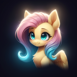 Size: 1328x1328 | Tagged: safe, derpibooru exclusive, imported from derpibooru, fluttershy, pegasus, pony, ai content, ai generated, beautiful, black background, bust, chest fluff, cute, ear fluff, female, generator:bluefox mix, generator:stable diffusion, glowing, glowing mane, gradient background, mare, multicolored hair, partially open wings, portrait, prompter:adorablebluefox, shyabetes, simple background, smiling, solo, upper body, wings