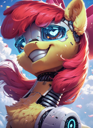 Size: 1024x1408 | Tagged: safe, imported from derpibooru, apple bloom, pony, robot, robot pony, ai content, ai generated, apple bloom bot, bust, ear fluff, female, generator:pony diffusion v6 xl, generator:stable diffusion, grin, heart, heart eyes, portrait, prompter:star-dragon, roboticization, smiling, solo, wingding eyes